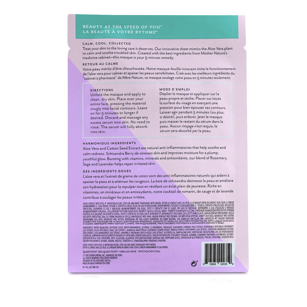 Patchology FlashMasque 5 Minute Sheet Mask - Soothe, infused with Aloe Vera and Shisandra Berry for quick hydration and skin relief.