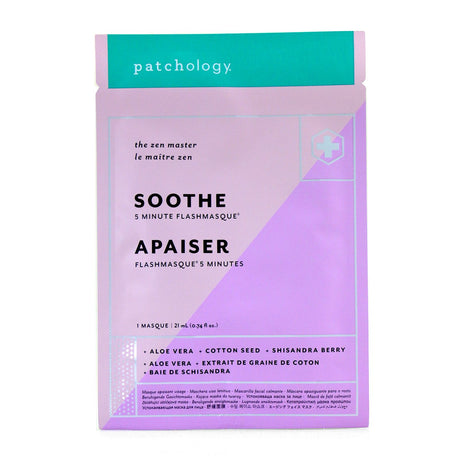 Patchology FlashMasque Soothe sheet mask, featuring Aloe, Cotton Seed, and Shisandra for instant hydration and skin relief.