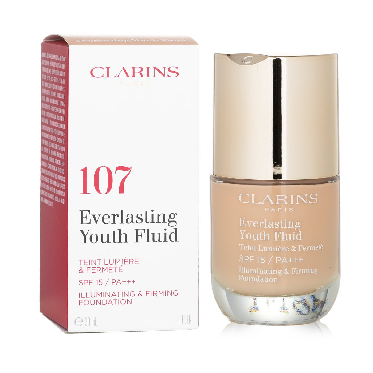 Clarins Everlasting Youth Fluid Foundation SPF 15 in #1, a creamy, illuminating, and firming formula for a youthful glow.