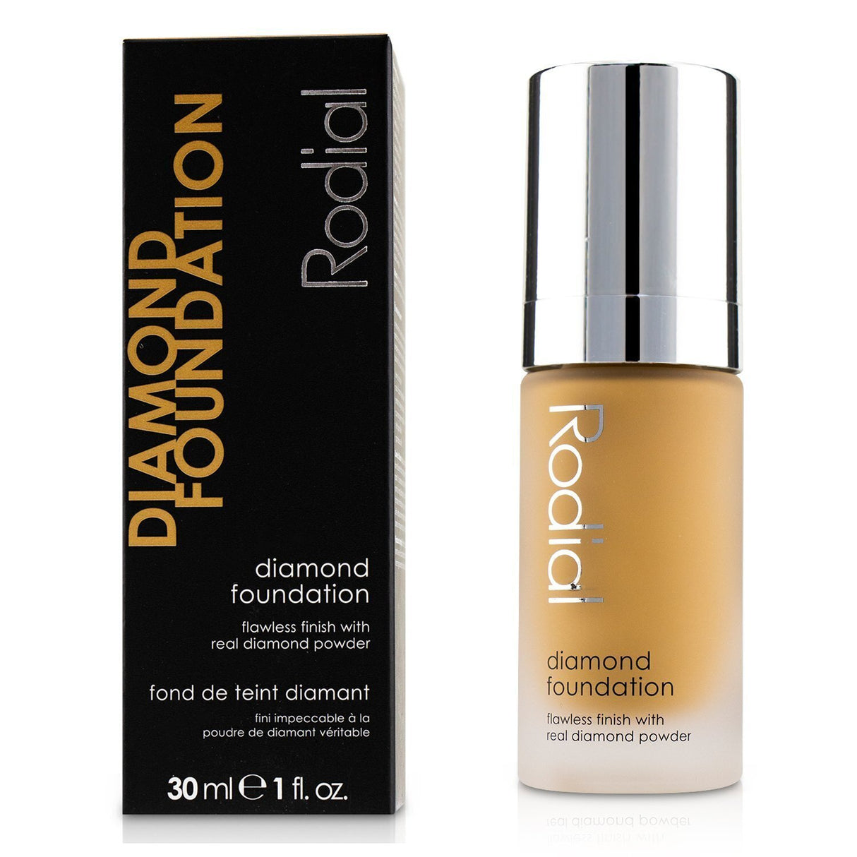 Rodial Diamond Foundation #50, a 30ml fluid with real Diamond Powder for radiant, buildable coverage and flawless skin.