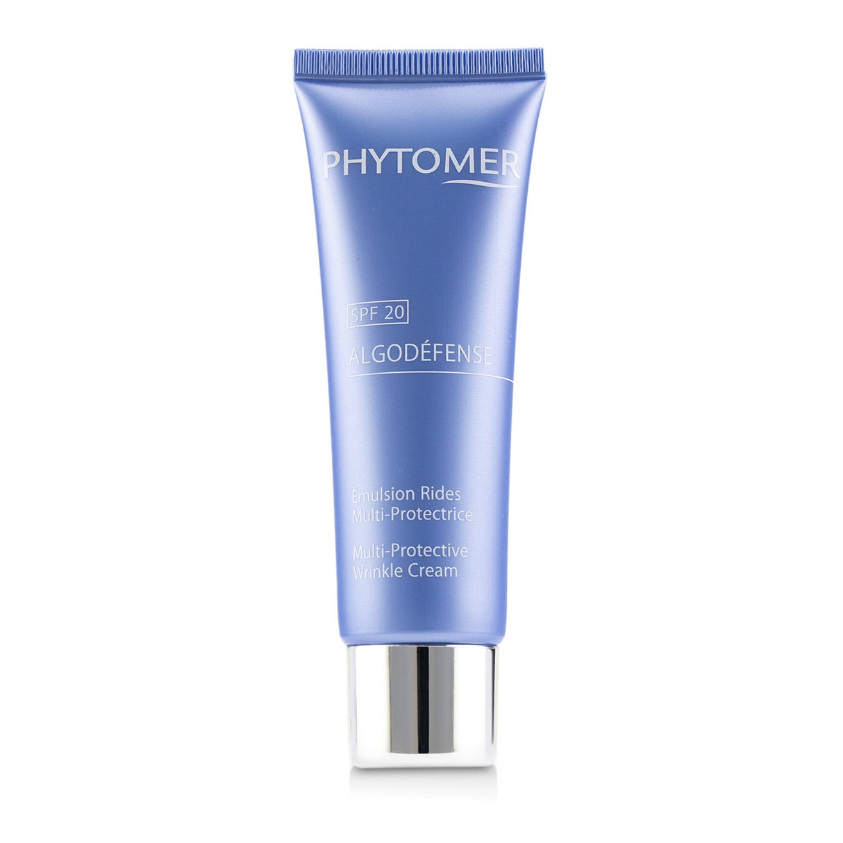 Phytomer Algodefense Multi-Protective Wrinkle Cream SPF 20 in 50ml tube, offers anti-aging benefits and sun protection for all skin types.