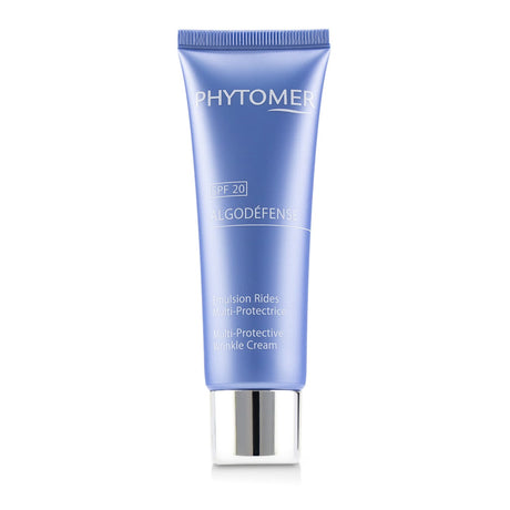 Phytomer Algodefense Multi-Protective Wrinkle Cream SPF 20 in 50ml tube, offers anti-aging benefits and sun protection for all skin types.