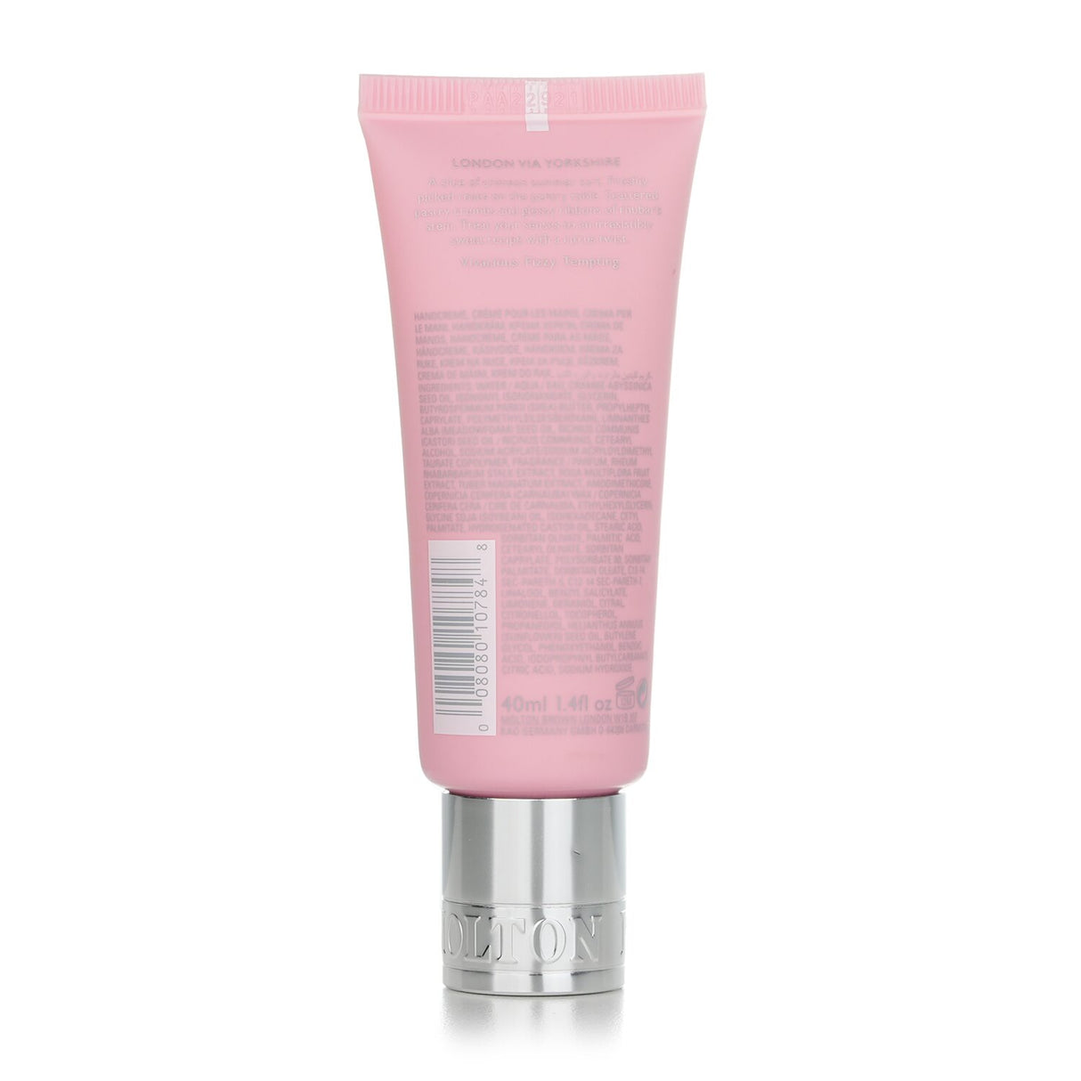 Molton Brown's Delicious Rhubarb & Rose Hand Cream, 40ml, offers a lightweight, floral-scented hydration for soft hands.