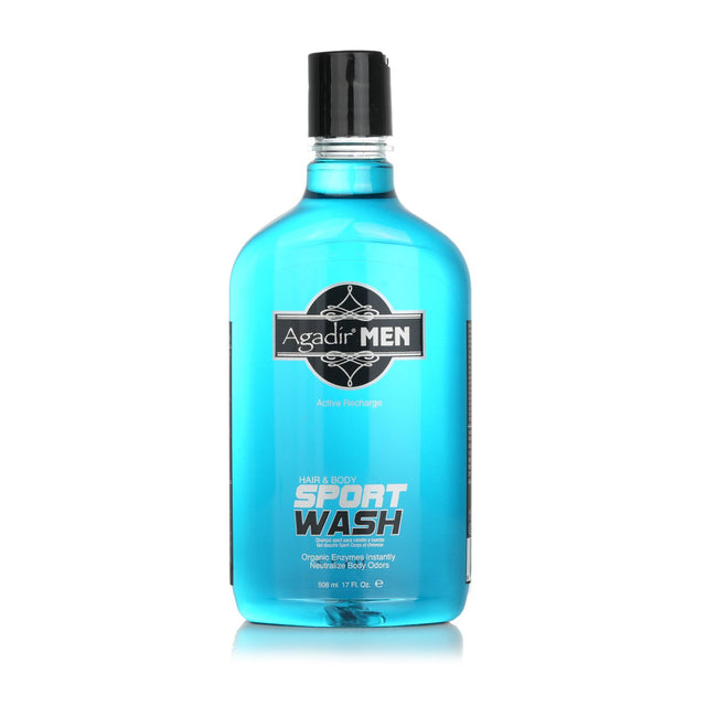 Agadir Men Active Recharge Sport Wash in a 508ml bottle, revitalizing hair and body with argan oil and organic enzymes.