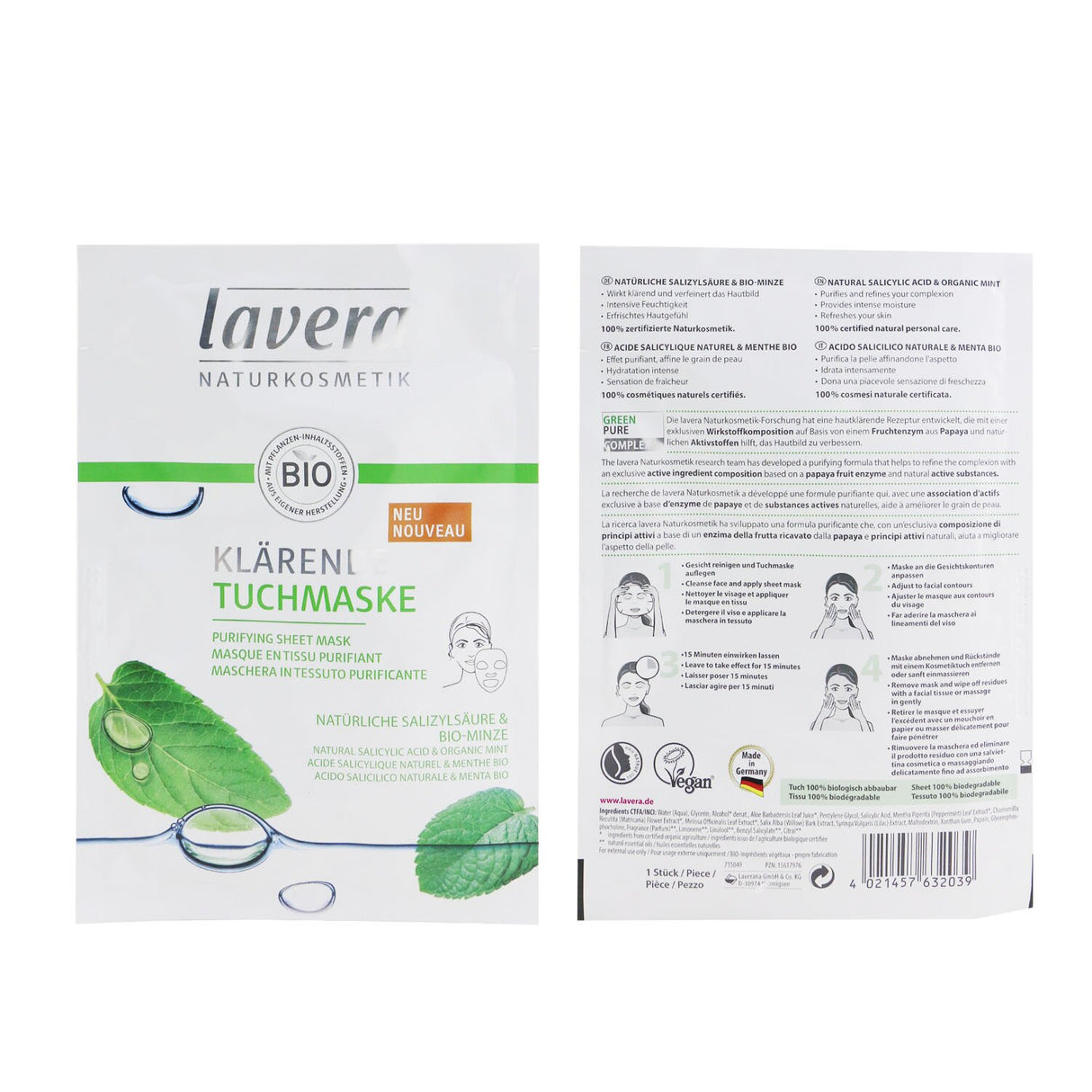 Lavera purifying sheet mask with salicylic acid and mint, detoxifies, unclogs pores, and revitalizes skin for a radiant look.