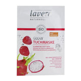 Lavera Illuminating Sheet Mask with organic dragon fruit and raspberry for radiant, hydrated skin in a biodegradable fleece.