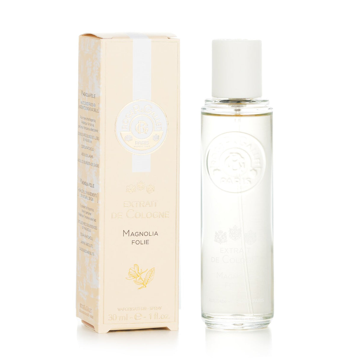 Floral and woody fragrance spray featuring magnolia, jasmine, and patchouli, rich in natural ingredients for well-being.