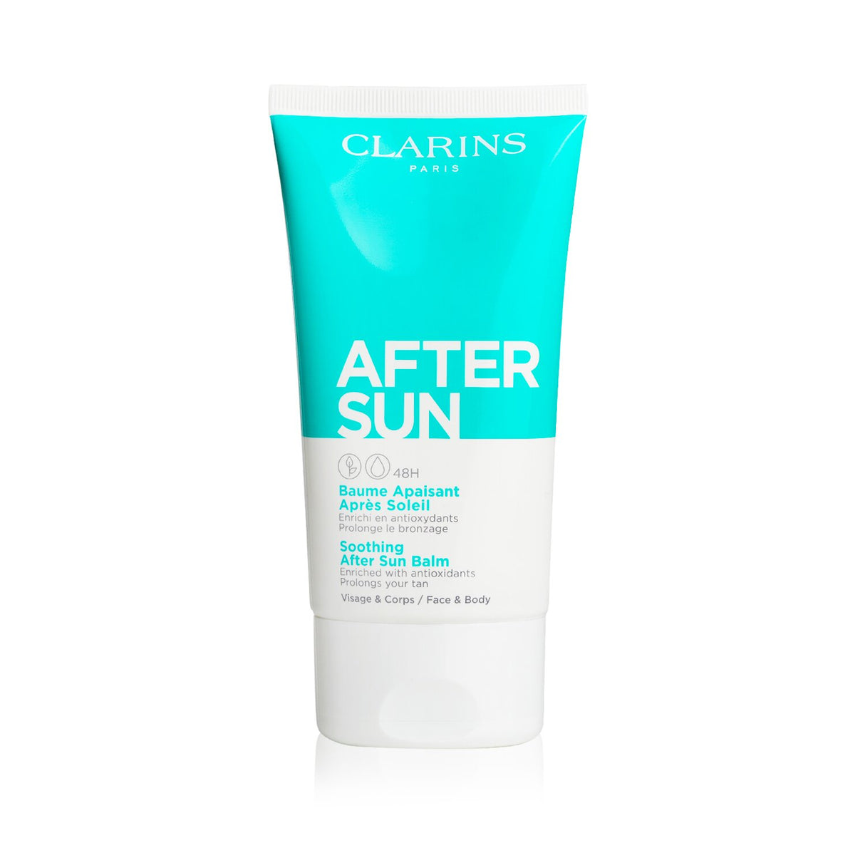 Clarins After Sun Balm (150ml) for face & body, enriched with aloe vera, shea butter, and watermelon for deep hydration and soothing relief.