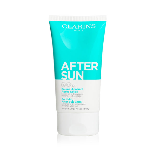 Clarins After Sun Balm (150ml) for face & body, enriched with aloe vera, shea butter, and watermelon for deep hydration and soothing relief.