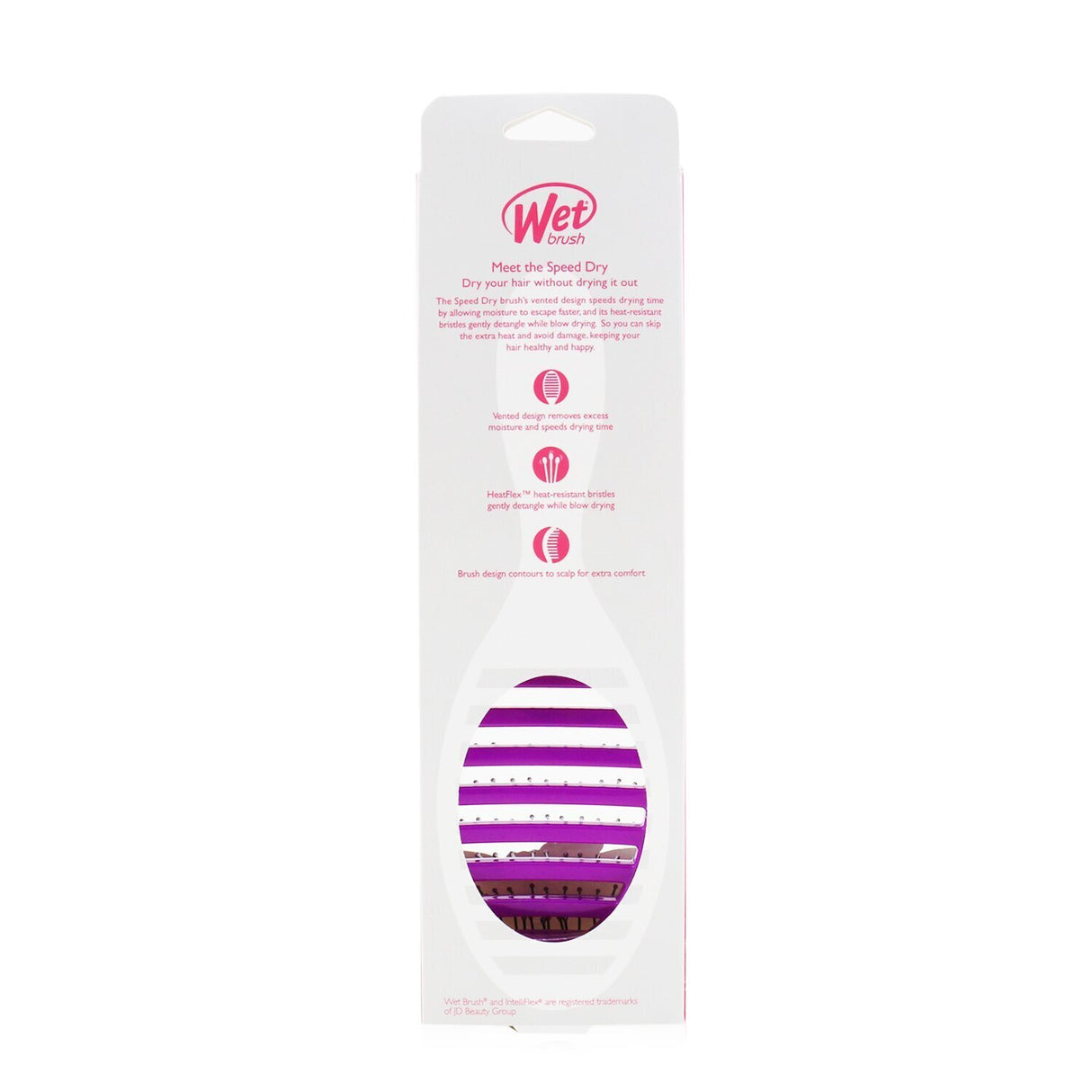 Wet Brush Speed Dry Detangler in purple, featuring IntelliFlex bristles for pain-free detangling and quick drying with an ergonomic grip.