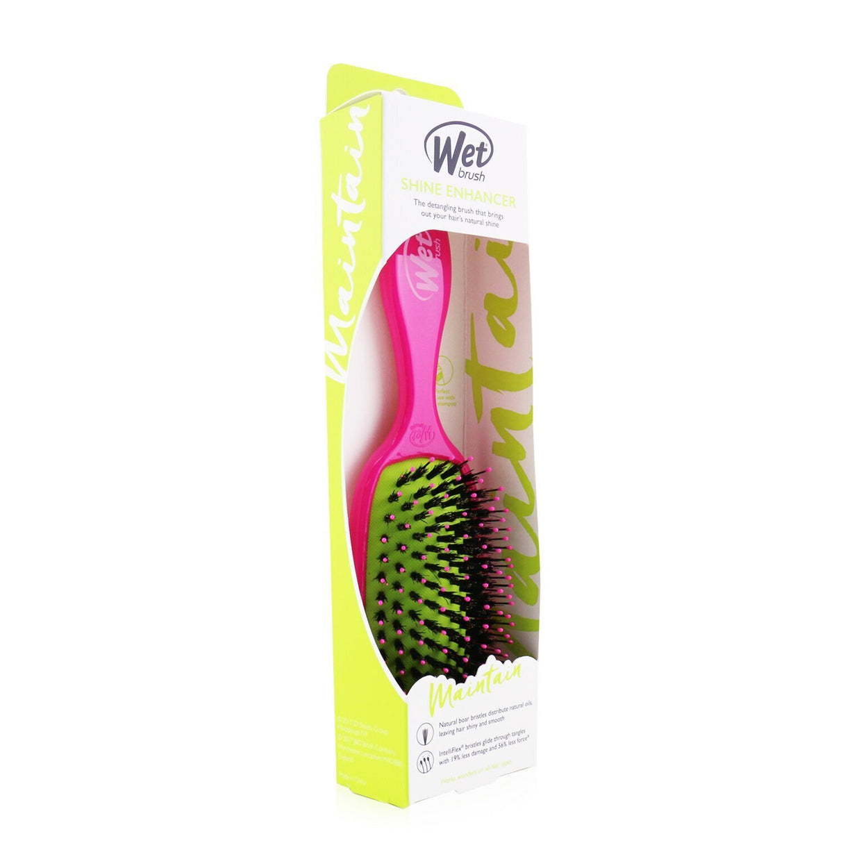 Vibrant pink Wet Brush Shine Enhancer featuring natural boar bristles for smooth, shiny hair and easy detangling.