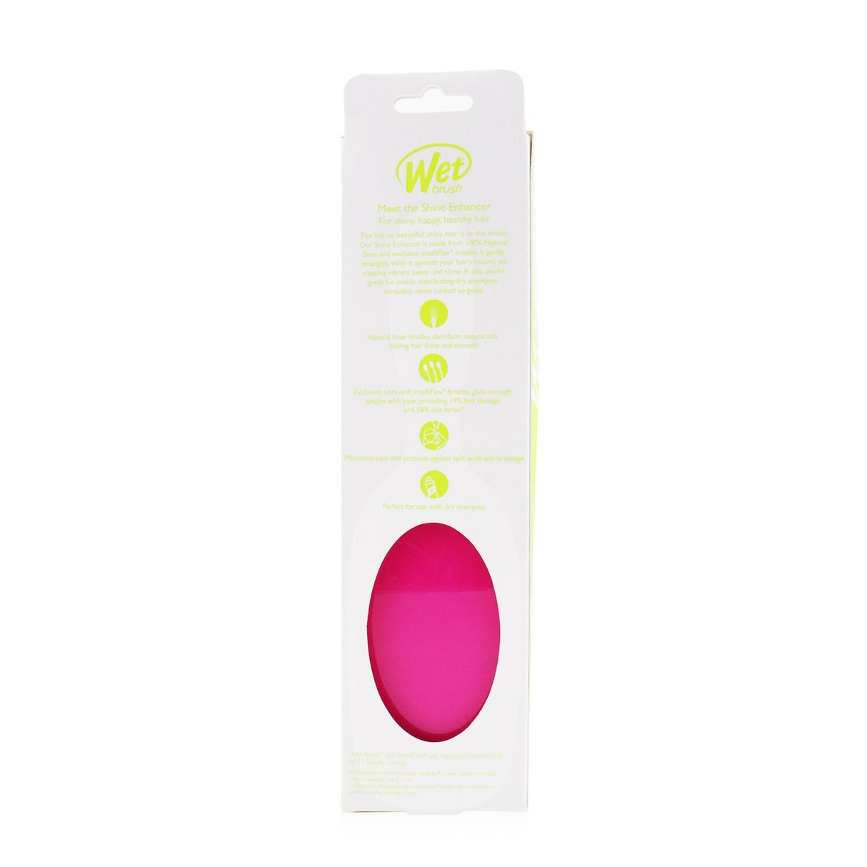 Pink Wet Brush Shine Enhancer with natural boar bristles for smooth, shiny hair, minimizing tangles and breakage.