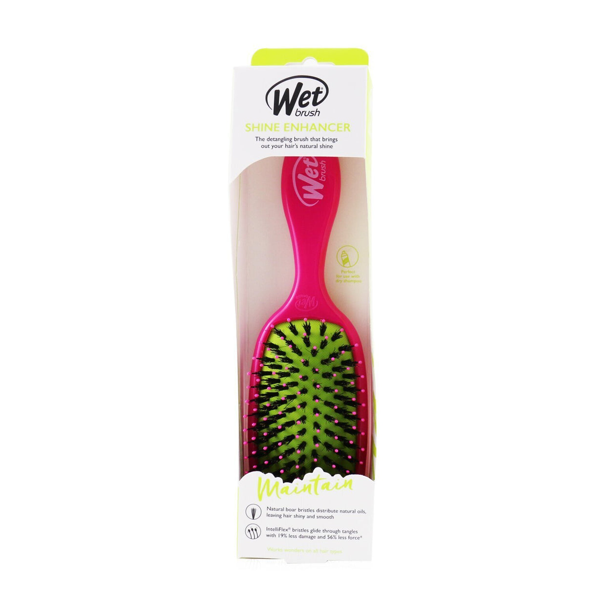 Wet Brush Shine Enhancer in vibrant pink, featuring natural boar bristles for smooth, shiny hair and easy detangling.