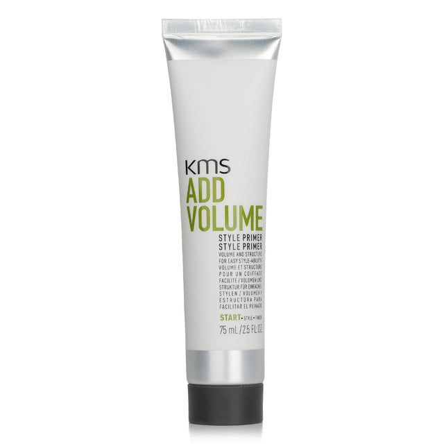 "KMS California Add Volume Style Primer enhances fine hair with lasting volume and structure for effortless styling."