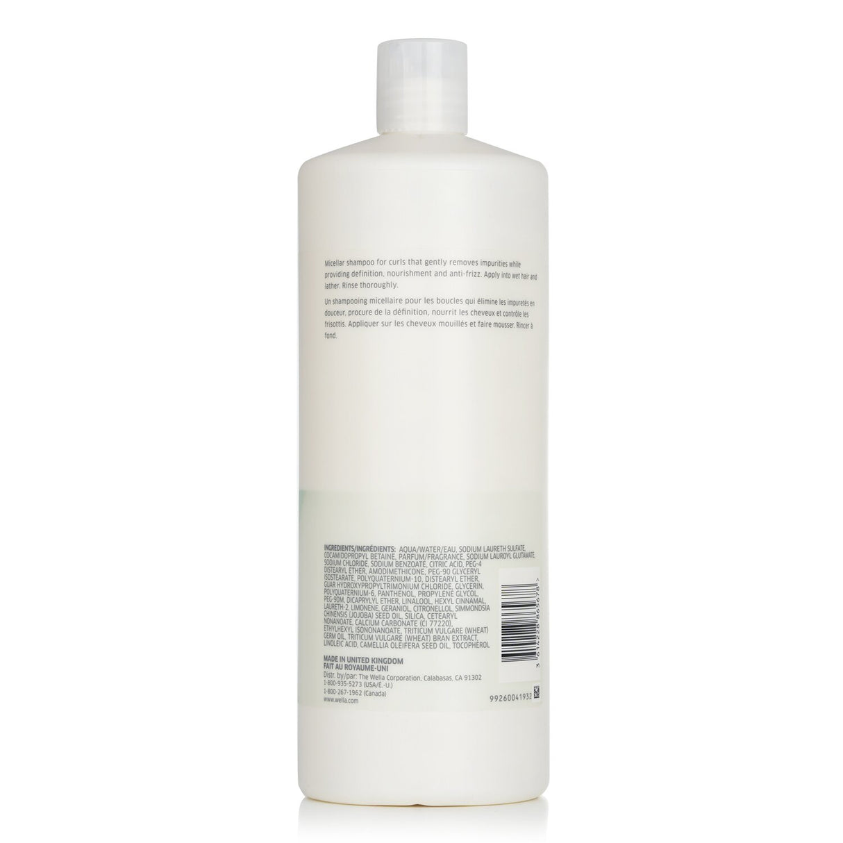 Wella Nutricurls Micellar Shampoo for curls, 1000ml, enriched with jojoba oil for soft, defined, and frizz-free hair.