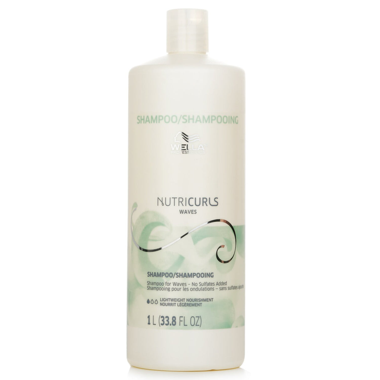 Wella Nutricurls Shampoo, 1000ml, nourishes textured waves with a sulfate-free formula for soft, defined, frizz-free hair.