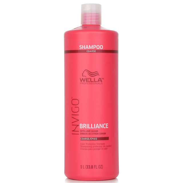 Wella Invigo Brilliance Color Protection Shampoo 1000ml for coarse hair, enhances color vibrancy and shine with antioxidants.