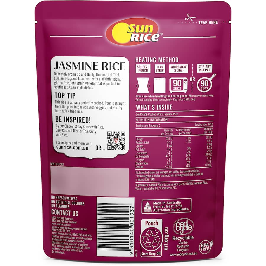Sunrice Microwave Rice Fragrant Jasmine Pouch 250g