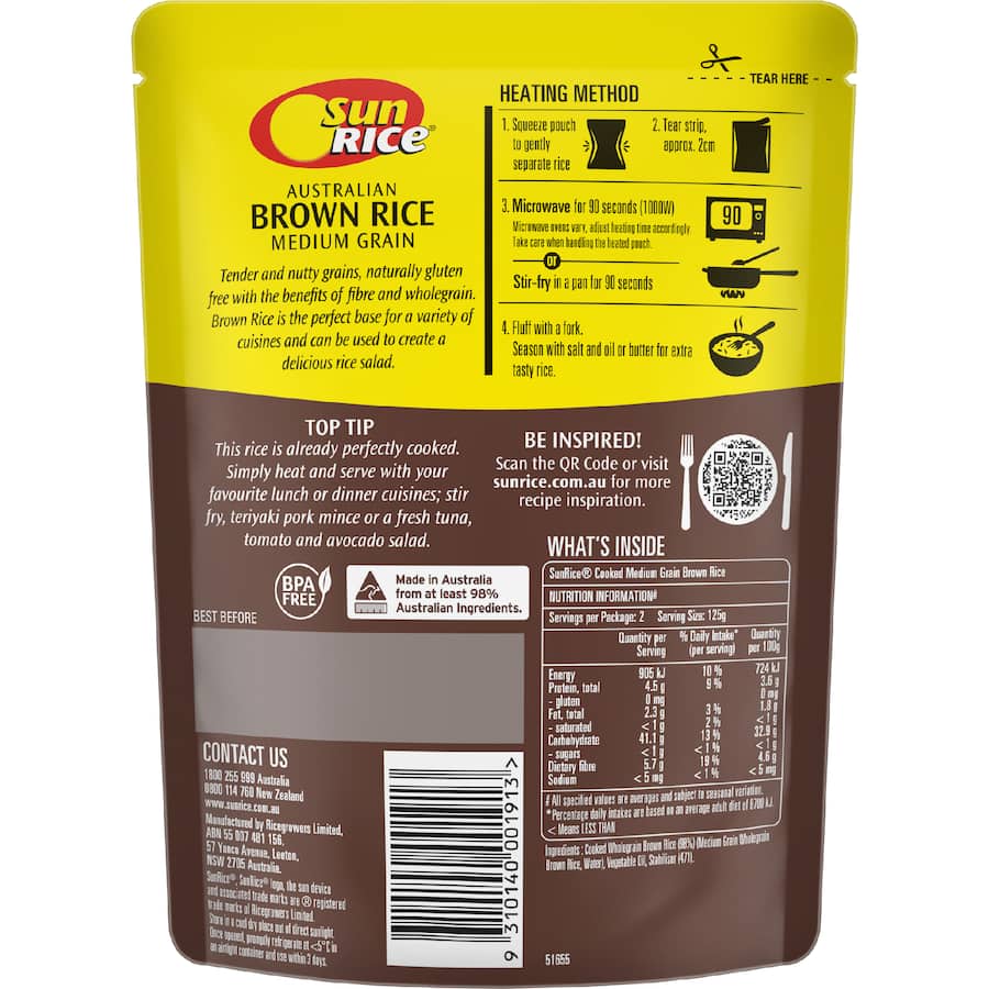 Sunrice Microwave Rice Brown Medium Grain Pouch 250g