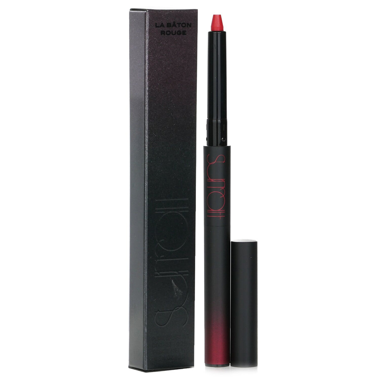 Dual-ended matte lipstick in blue-red with creamy texture and pigment powder for long-lasting, vibrant color.