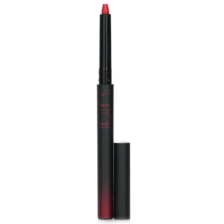 Dual-ended matte lipstick in blue red, combining creamy color and mattifying powder for long-lasting wear.