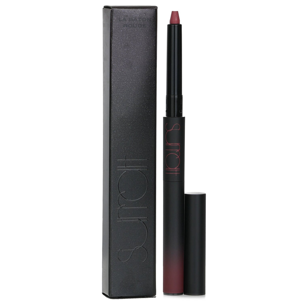 Dual-ended matte lipstick in Quaintrelle (Rose) shade with creamy application on one end and mattifying powder on the other.