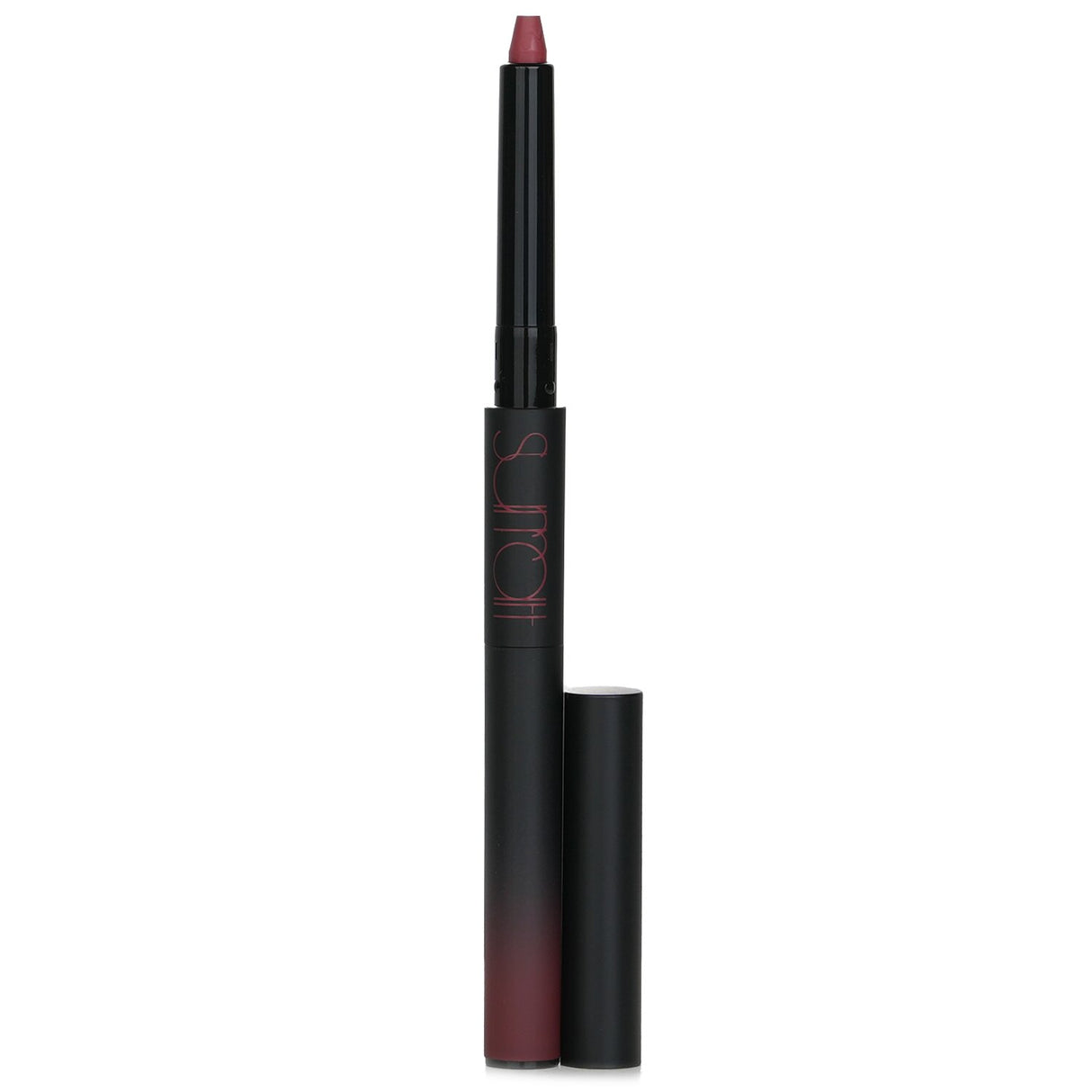 Dual-ended matte lipstick in rose shade with creamy application and mattifying powder for long-lasting wear.