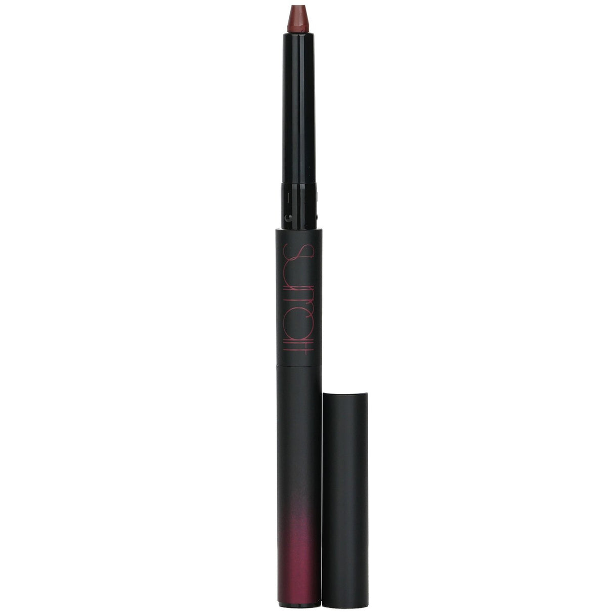 Dual-ended burgundy lipstick with creamy color on one end and mattifying powder on the other for long-lasting wear.