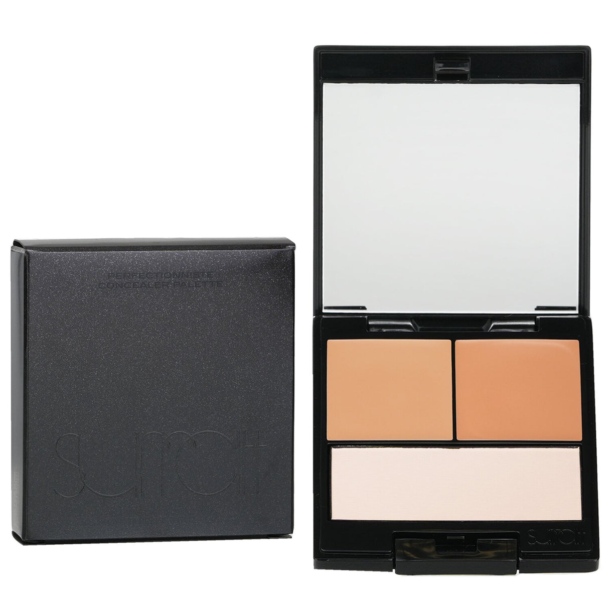 Surratt Beauty Perfectionniste Concealer Palette #4 with Light Tan, Warm Brown, and Orange Powder for flawless coverage.