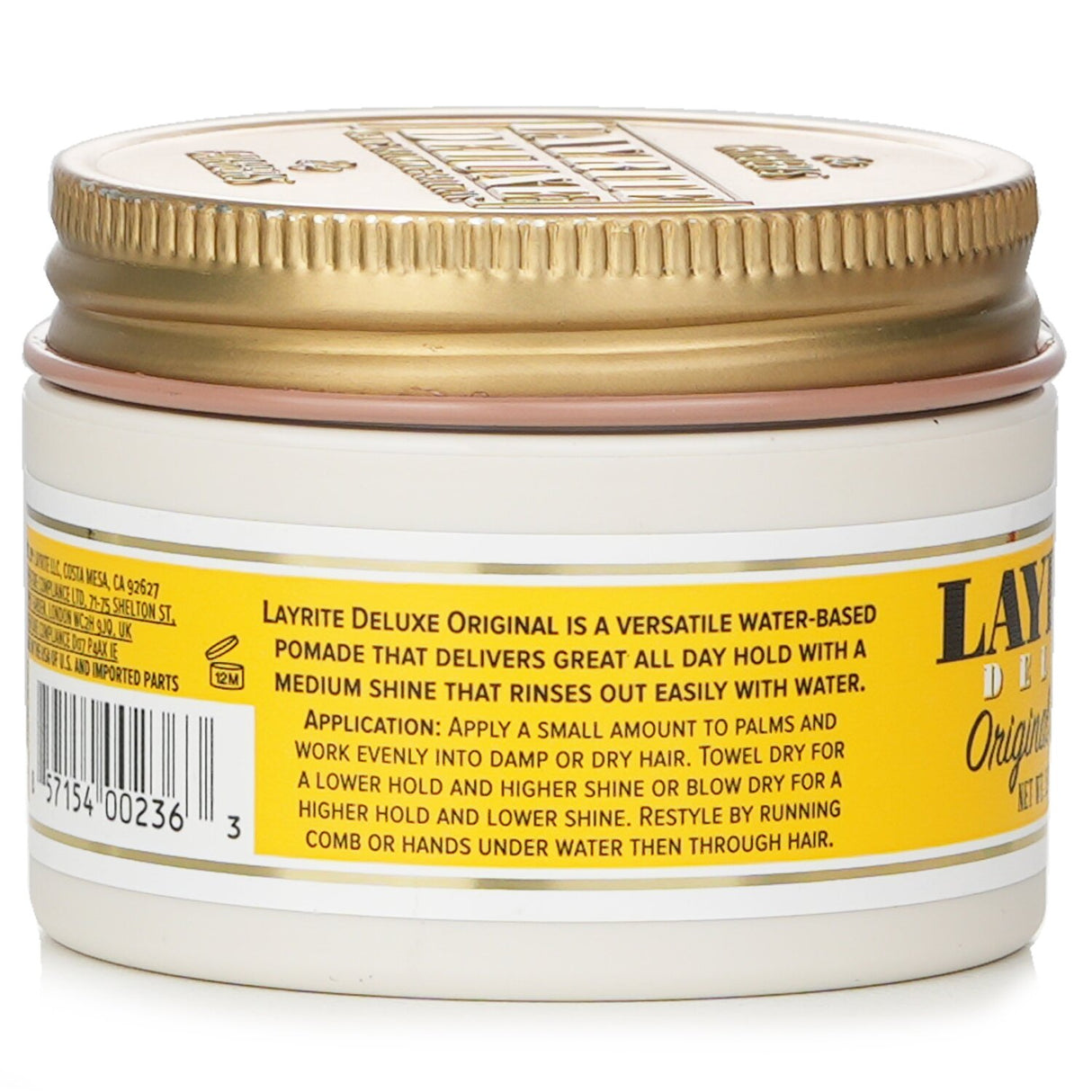 Layrite Original Pomade jar: medium hold, medium shine, vanilla scent; perfect for fine to medium hair styling.