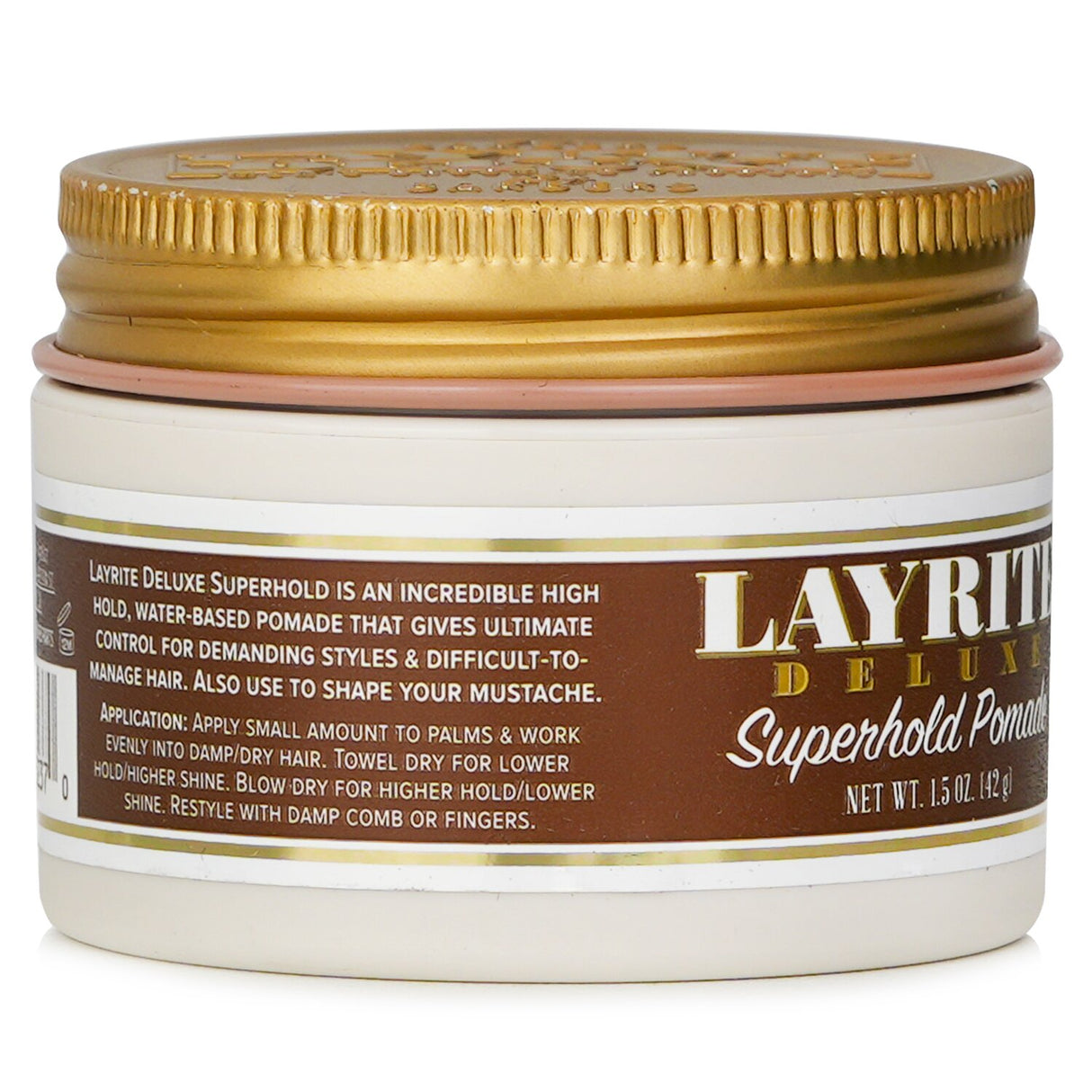 Layrite Superhold Pomade in a 42g tub provides a strong hold and medium shine with a fresh vanilla scent for lasting styles.