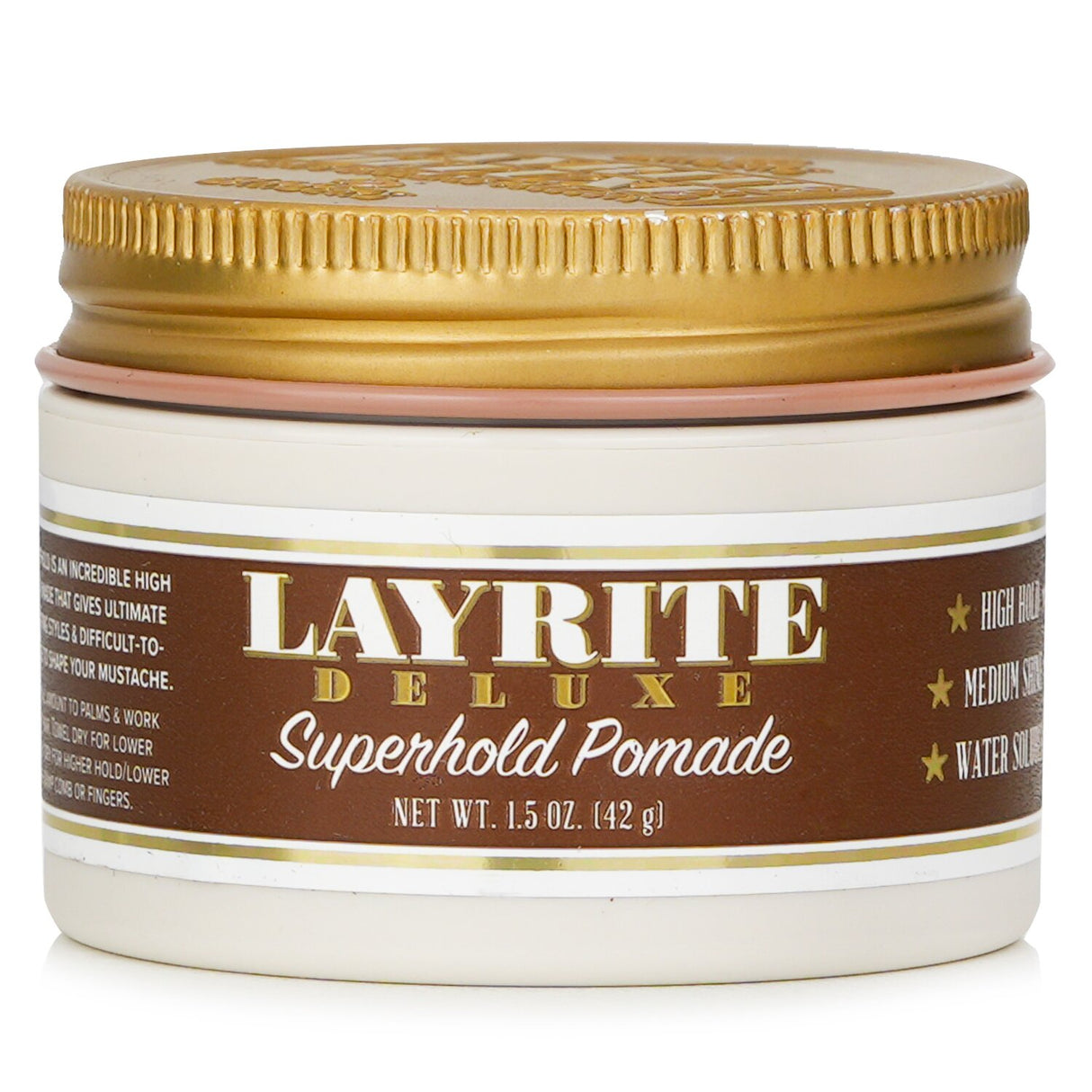 Layrite Superhold Pomade in a 42g tub, offering high hold, medium shine, and a refreshing vanilla scent for all-day style.