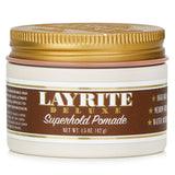 Layrite Superhold Pomade in a 42g tub, offering high hold, medium shine, and a refreshing vanilla scent for all-day style.