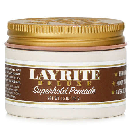 Layrite Superhold Pomade in a 42g tub, offering high hold, medium shine, and a refreshing vanilla scent for all-day style.