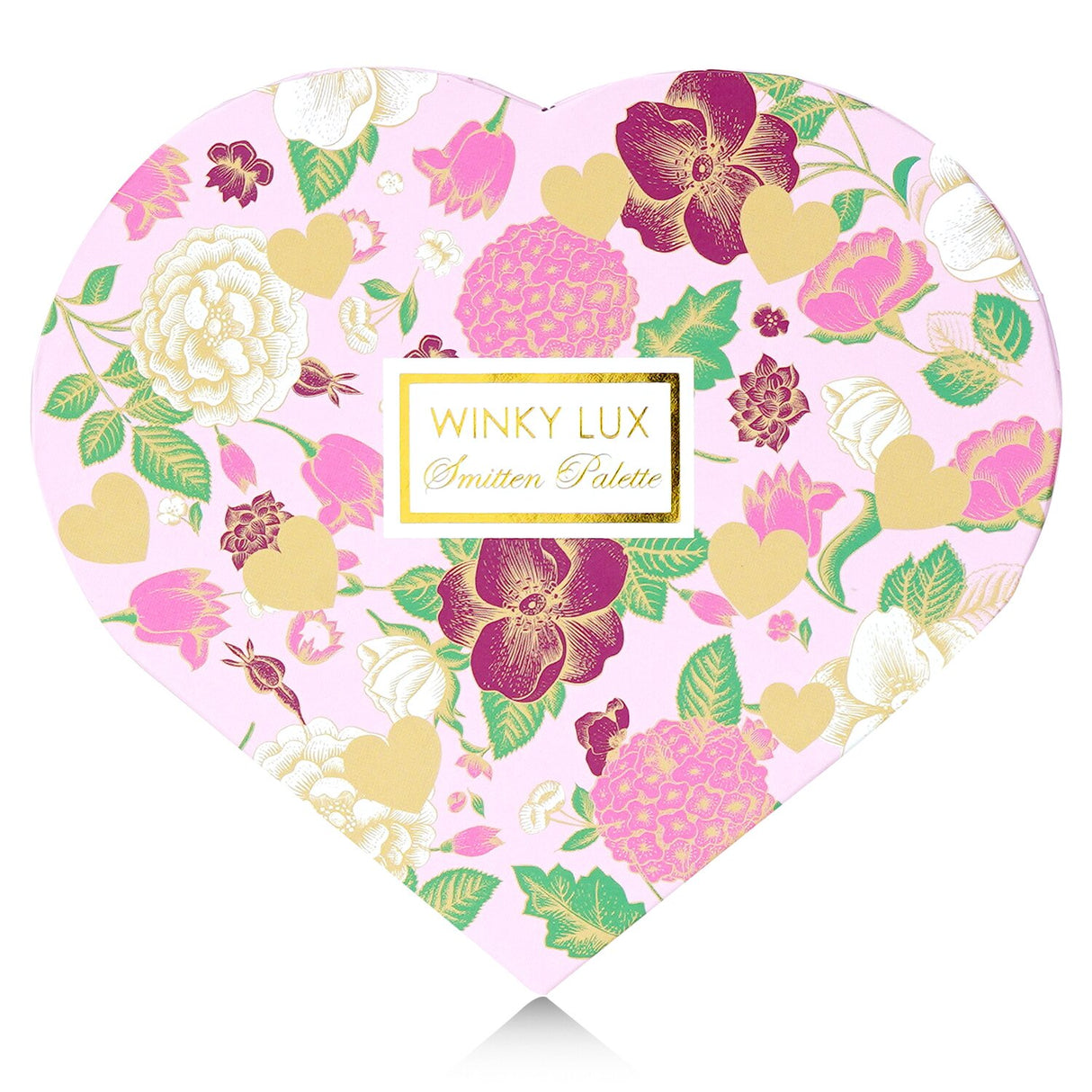 Winky Lux Smitten Palette featuring six pigmented eyeshadow shades in shimmer and matte, housed in a heart-shaped box.