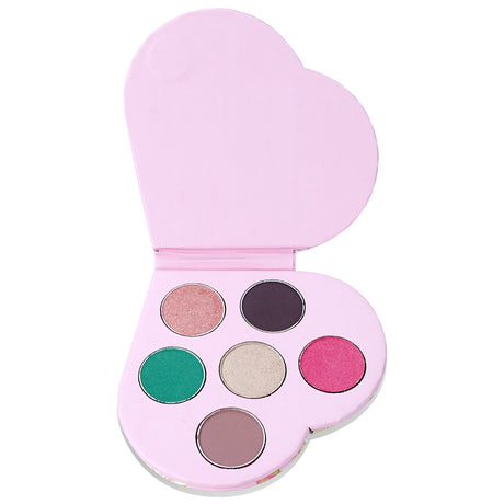 Heart-shaped eyeshadow palette featuring six pigmented shimmer and matte shades for versatile eye looks.