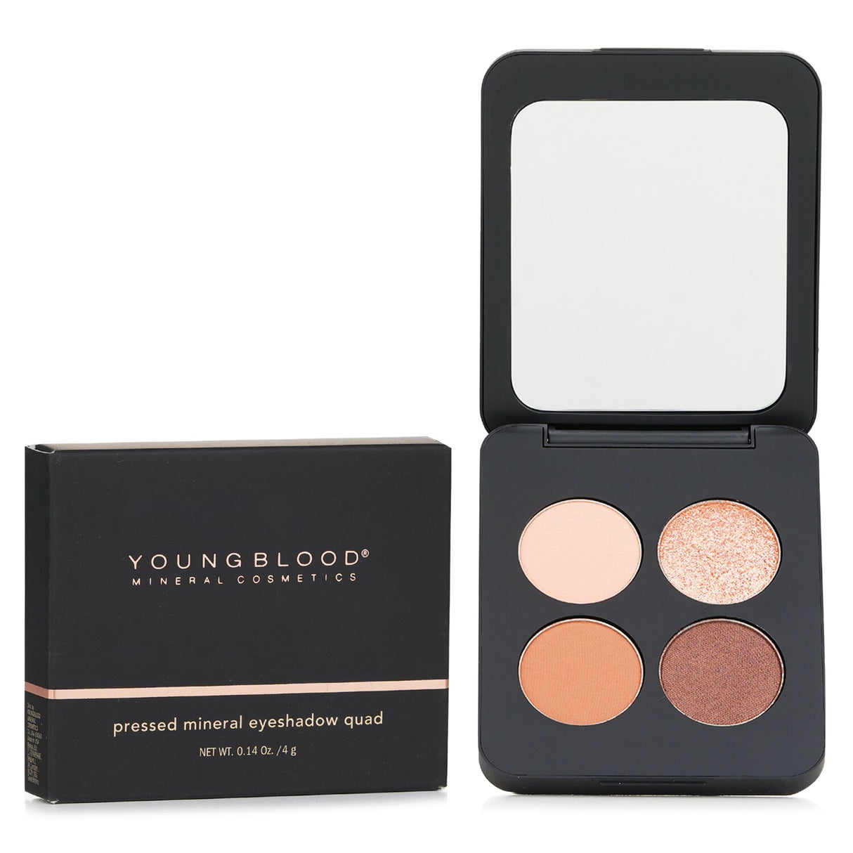 Youngblood Pressed Mineral Eyeshadow Quad in Sweet Talk, featuring four vibrant, talc-free shades in a sleek compact.