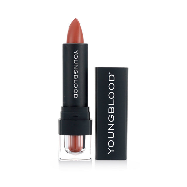 Youngblood Intimatte Lipstick in #Hotshot, offering rich matte color and hydration with Vitamin E for smooth, all-day wear.