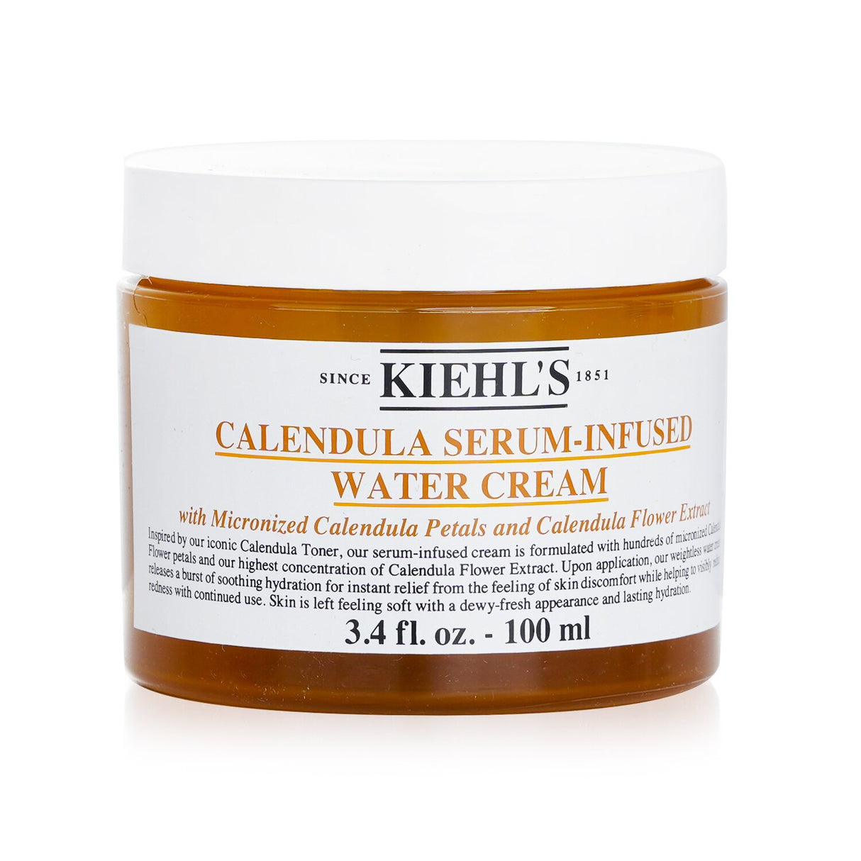 Kiehl's Calendula Serum-Infused Water Cream in a 100ml jar, a lightweight moisturizer for hydration and soothing sensitive skin.