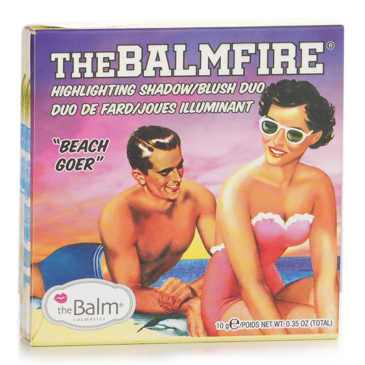 TheBalmfire Highlighting Shadow/Blush Duo in Beach Goer features pink gold and lavender shades for a sun-kissed glow.