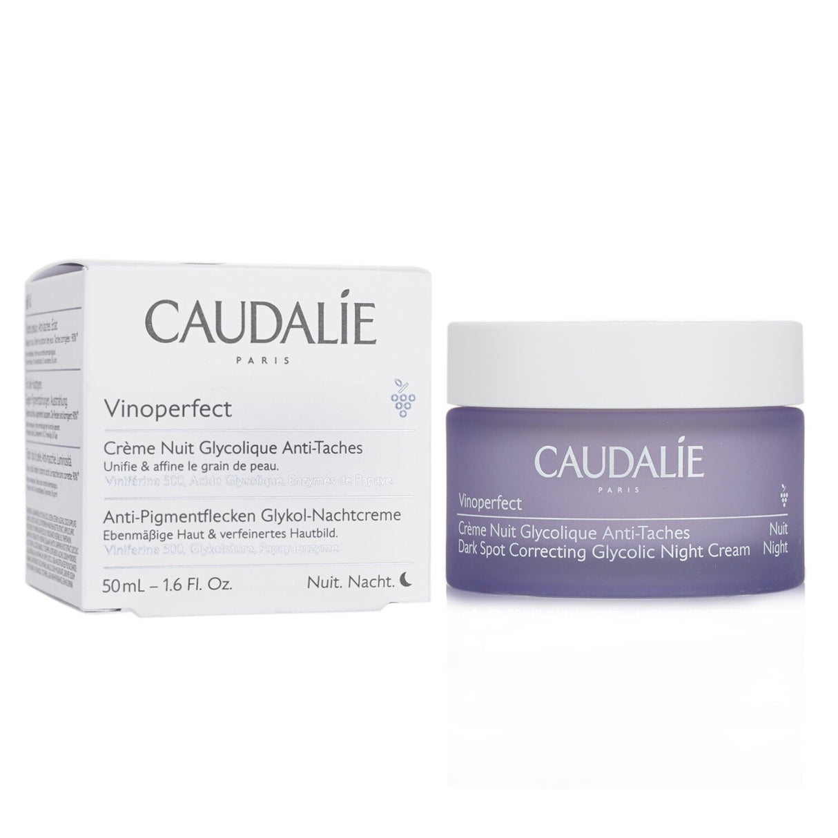 Caudalie Vinoperfect Night Cream for dark spot correction, featuring glycolic acid for bright, smooth skin by morning.