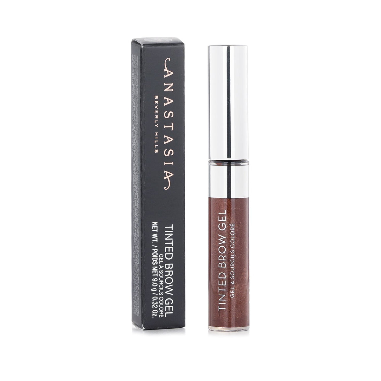 Anastasia Beverly Hills Tinted Brow Gel in Auburn, featuring a dual-ended brush for precision and full-pigment, lightweight hold.