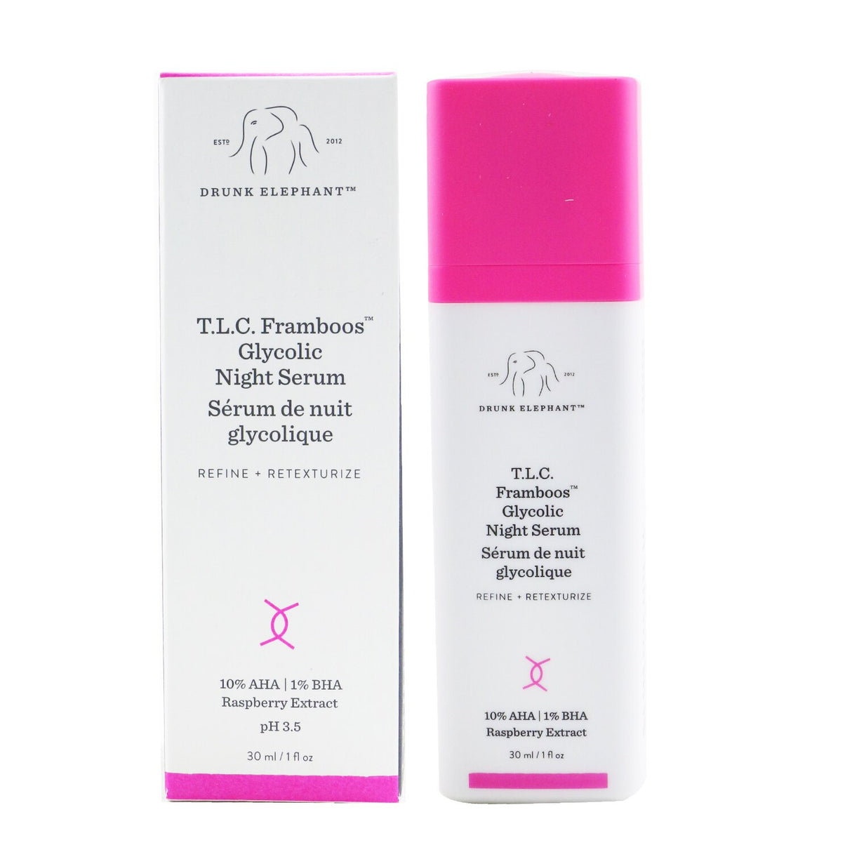Drunk Elephant T.L.C. Framboos Glycolic Night Serum bottle, a skin-resurfacing gel for a smoother and brighter complexion.