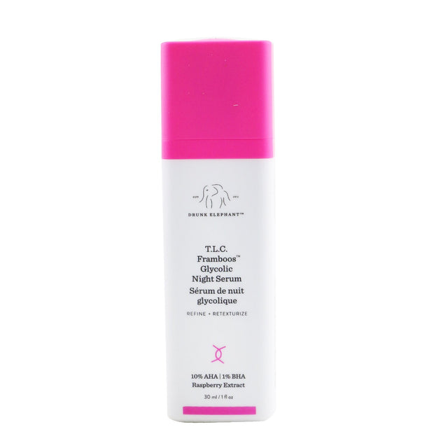 Drunk Elephant's T.L.C. Framboos Glycolic Night Serum, a powerful AHA/BHA blend for smoother, radiant skin.