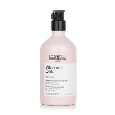 L'Oreal Vitamino Color Resveratrol Shampoo enhances vibrancy, protects color, and leaves hair soft and shiny.