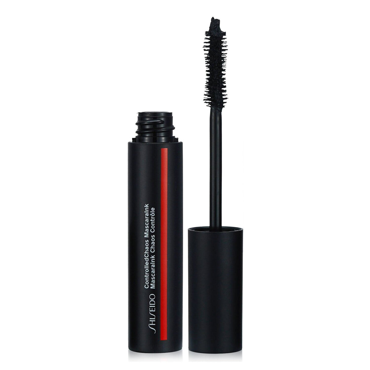 Shiseido ControlledChaos MascaraInk in #01 Black Pulse, 11.5ml, volumizing, weightless, smudge-proof, with unique brush design.