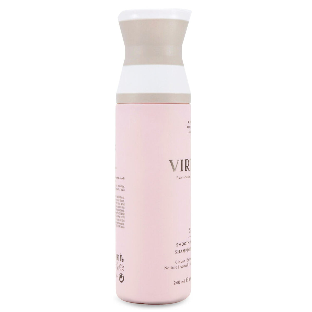 Virtue Smooth Shampoo 240ml, enriched with Alpha Keratin 60ku®, restores hair vitality and combats frizz while providing hydration.