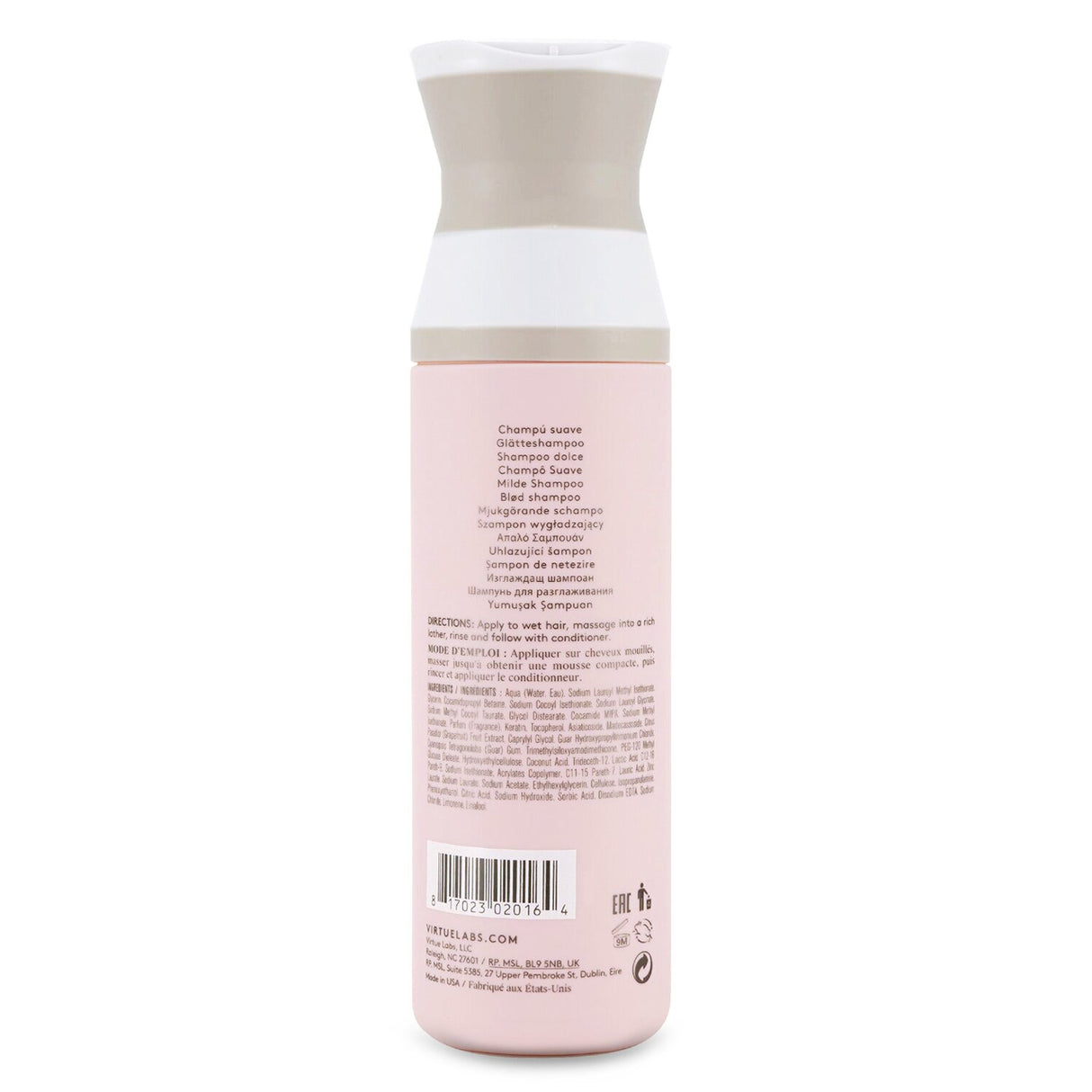 Virtue Smooth Shampoo in a 240ml bottle, featuring Alpha Keratin 60ku for healing damaged hair and reducing frizz.