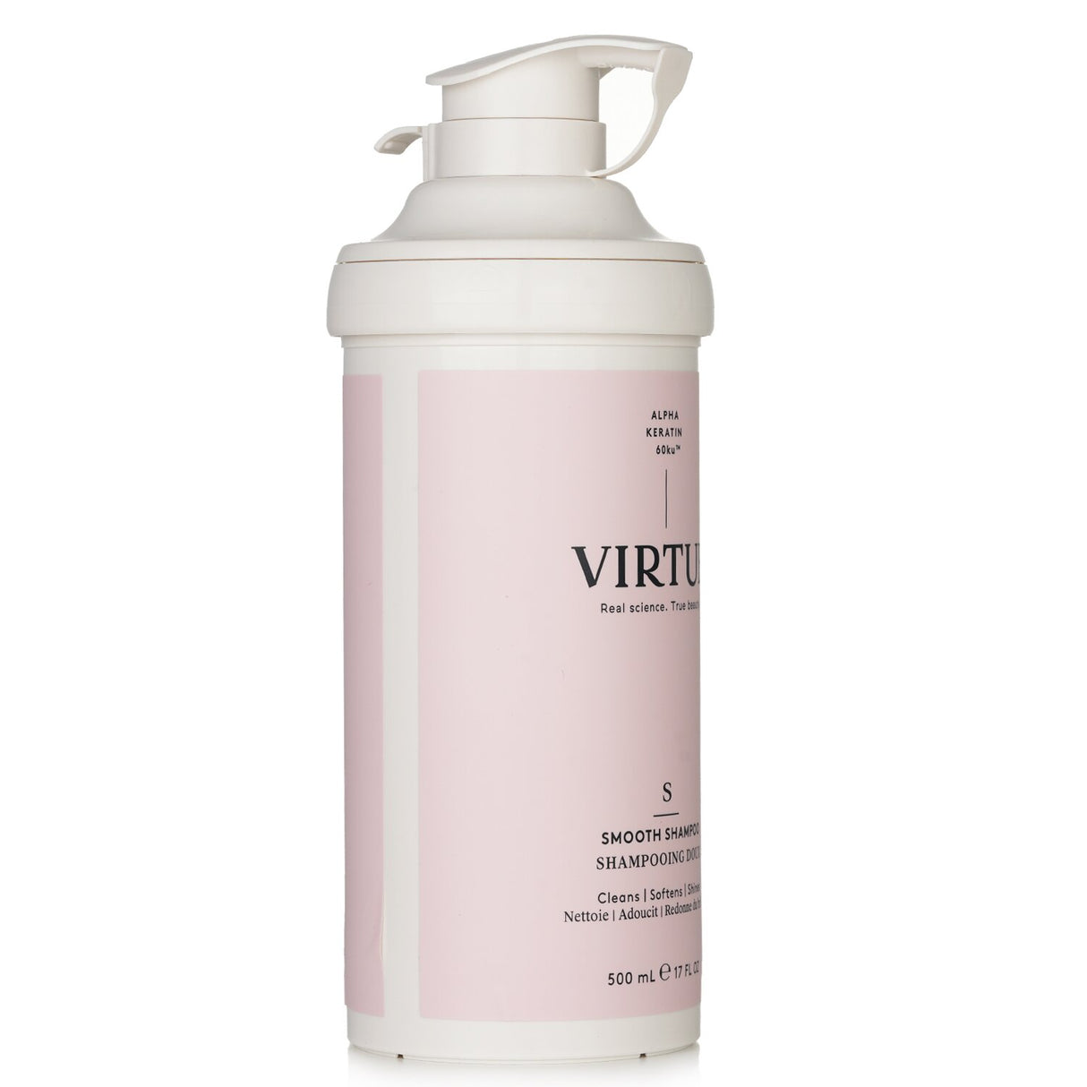 Virtue Smooth Shampoo 500ml features Alpha Keratin for hair repair, Pink Pomelo for vitality, and Gotu Kola for added strength.