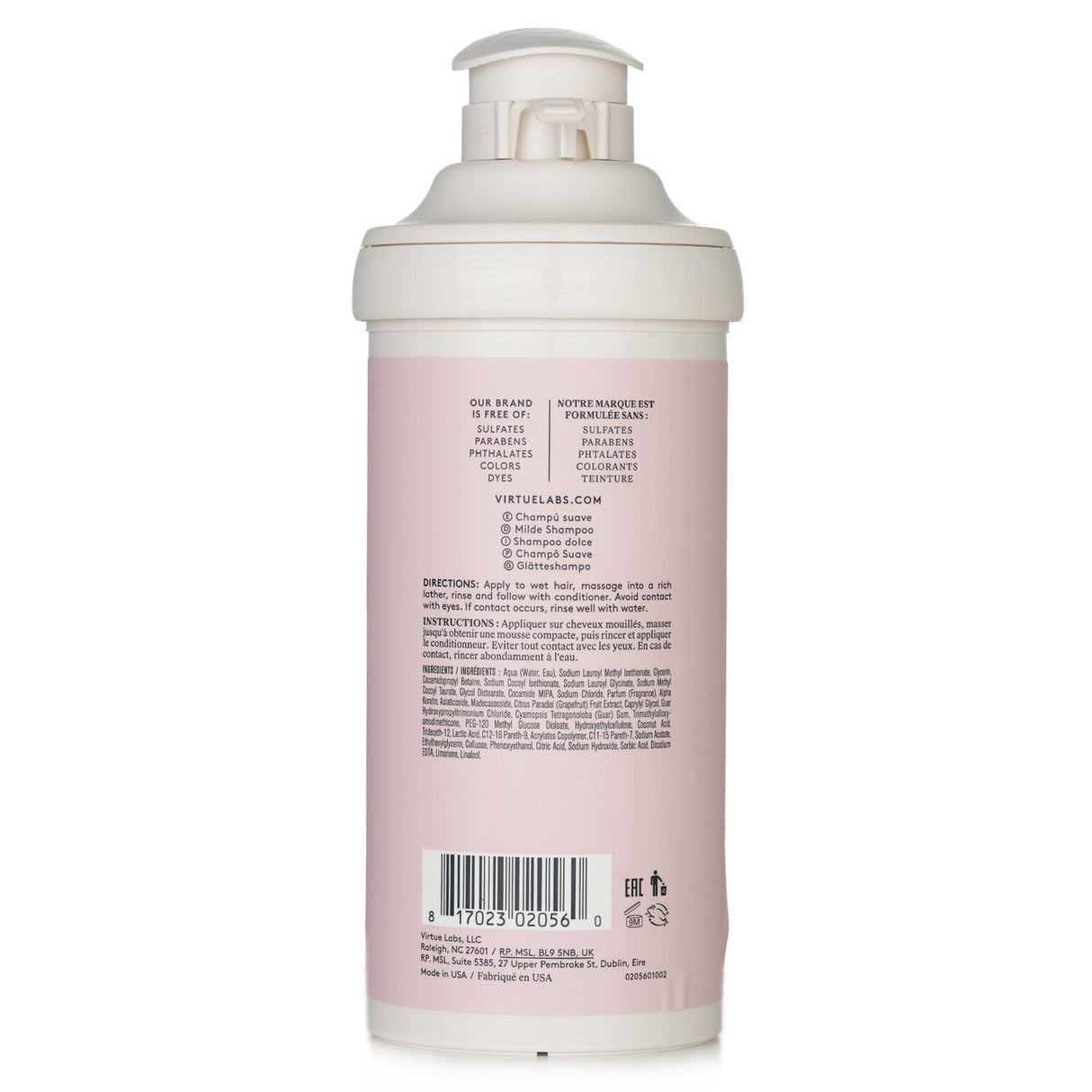 Virtue Smooth Shampoo (500ml) - Smoothing formula with Alpha Keratin, Pink Pomelo, and Gotu Kola for shiny, frizz-free hair.